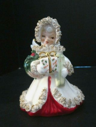 Vintage Napco Spaghetti Trim Christmas Angel Figurine.  Wreath & Presents S116b