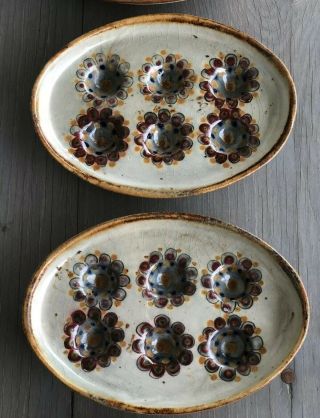 Pair Vintage Blue Floral Mexican Pottery Escargot Dishes Signed Ke Ken Edwards