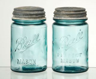 2 Vintage One Pint Blue Ball Perfect Mason Jar With Zinc Lids