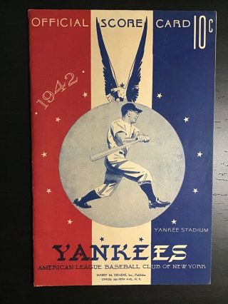 1942 Official York Yankees Program Joe Dimaggio Vs Red Sox Ted Williams