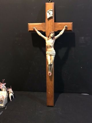 Antique Large Carved Wood Crucifix Jesus Cross Religious Wall Mount 26 Christ