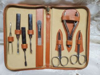 Vintage Germany Leather Case 8 Piece Manicure/pedicure Grooming Kit Set