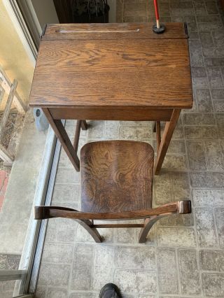 Antique Oak Child ' s School Desk And Chair W Ink Well And Pen Flip Top 2
