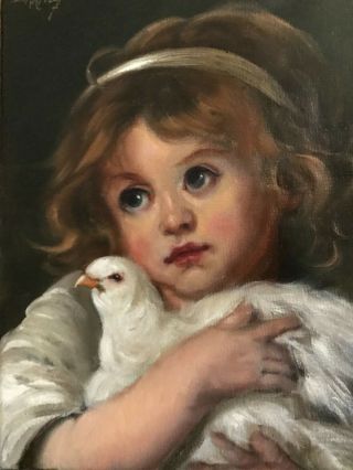 Barnes Oil Painting Vintage Antique Style Portrait Angel Cherub Girl Dove Greuze