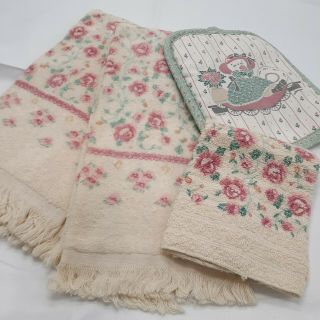 Vintage Hand Towel Fringe Pair Dishcloth Potholder Rose Floral Cannon Usa