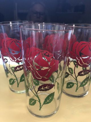 Vintage Red Rose Drinking Glasses Set Of 4 Tea Tumblers Lemonade Picnic Grill