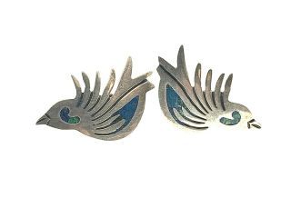 Vintage Alpaca Silver Bird Handmade Screw Back Figural Earrings Inlaid Turquoise