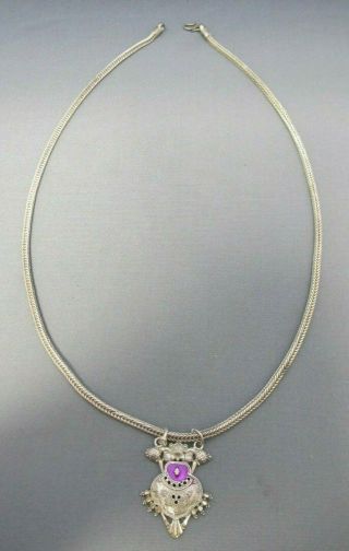 Vintage Heavy Bali Style Sterling Fox Tail V Link Box Chain Pendant Necklace