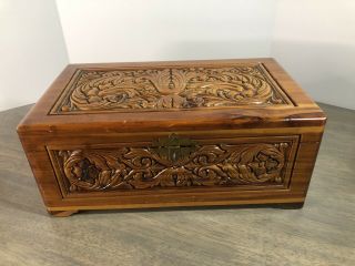 Vintage Carved Wood Cedar Box Hinged Handles Deco Style Motif (623)