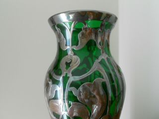 Antique Art Nouveau Emerald Green Glass Vase with Sterling Silver Alvin 3