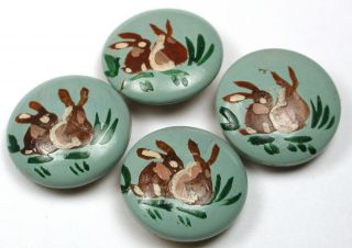 4 Vintage Wood Buttons With Hand Painted Rabbits Scene - 11/16 "
