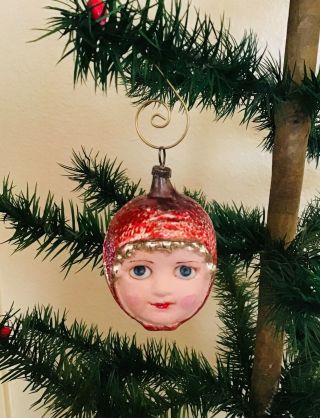 Antique German Mercury Glass Doll Face Christmas Ornament Little Red Riding Hood