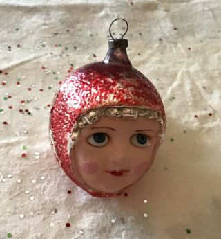 Antique German Mercury Glass Doll Face Christmas Ornament Little Red Riding Hood 2