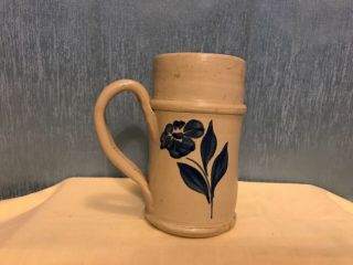 Vintage Salt Glazed Williamsburg Pottery 1993 Stein Mug 6” Cobalt Blue Flower