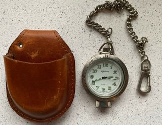 Vintage Majestron Quartz Pocket Watch W/leather Case And Chain