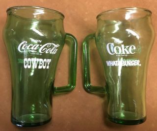 Set Of 2 Vintage Coca - Cola Whataburger Cowboy Handle Mugs Green Glass 1980 