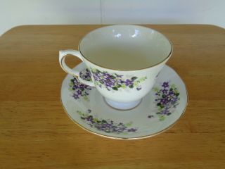 Vintage Queen Anne Tea Cup & Saucer Purple Floral English Bone China Gold Trim