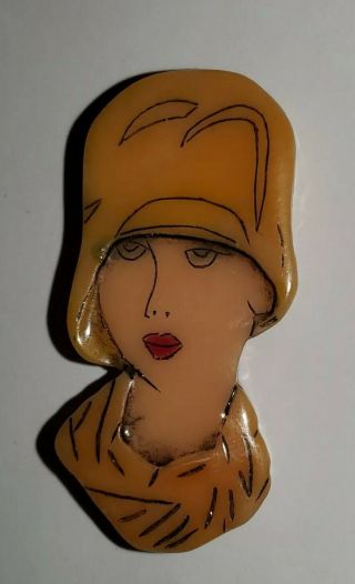 Art Deco Flapper Woman Pin In Early Plastic Vintage