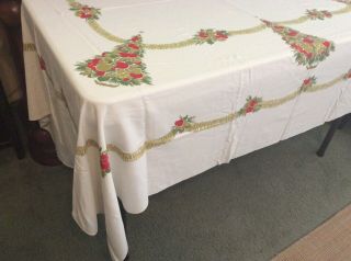 Vintage Oblong 1950’s Cotton Christmas Tablecloth - 60 X 74 - Calif Hand Painted