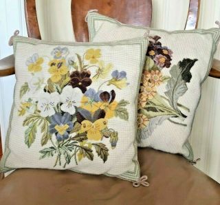 Pair Vintage Handmade Needlepoint Pillows Floral/flowers Home Decor 13.  5 " Sq Gift