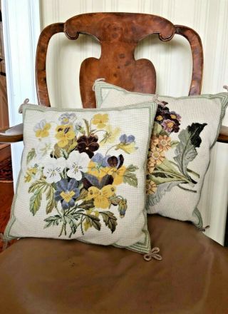 Pair Vintage Handmade Needlepoint Pillows Floral/Flowers Home Decor 13.  5 