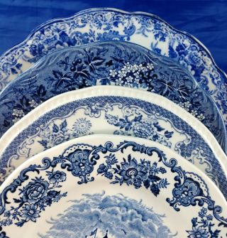 4 Vintage Mismatched China Bread Dessert Cake Plates 7” - 8” Blue & White - Euc