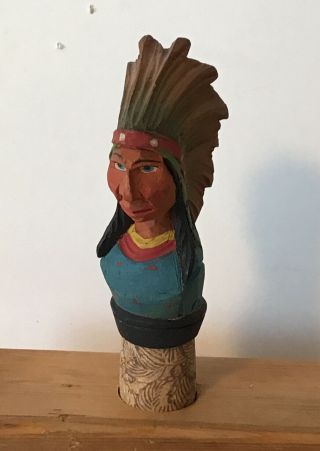Vtg 1950s Hand Carved Wood Native American Indian Chief Head Bottle Stopper