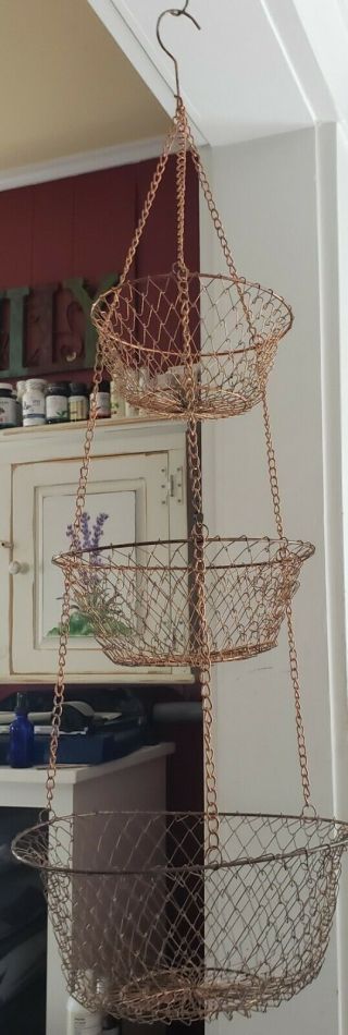 Vintage 3 Tier Wire Mesh Hanging Fruit Veggie Hanging Basket Collapsible - Copper