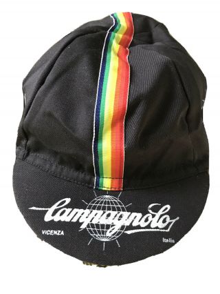 Vintage Campagnolo Cycling Cap Bike Hat Black & Racing Stripes 80s