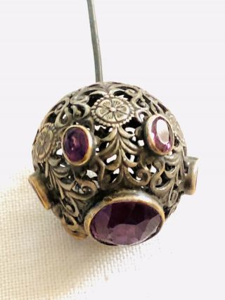 Antique Large 11.  5” Purple Faceted Stones On Brass Filigree Ball Hat Pin Hatpin