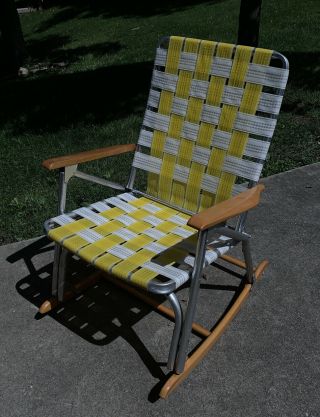 Aluminum Telescope Web Yellow White Wooden Rocking Rocker Lawn Chair Wood Arms