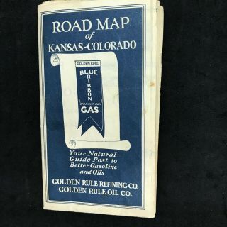 1927 Road Map Of Kansas & Colorado Blue Ribbon Gas Golden Rule Oil Co.