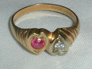 Vintage 14k Yellow Gold Ring With Ruby & Diamond - Size 5 - 1.  7 Grams