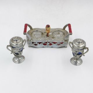 Antique Oriental Music Box Salt And Pepper Silver Tray Sankyo {made In Japan}