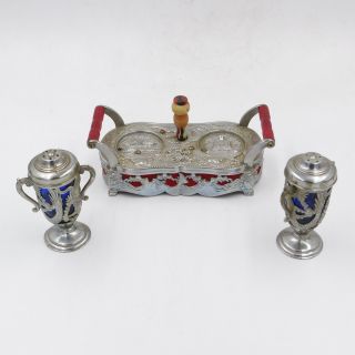 Antique Oriental Music Box Salt and Pepper Silver Tray Sankyo {Made in Japan} 2