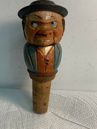 Vintage Hand Carved Mechanical Bottle Stopper/cork,  Man Mouth Opens