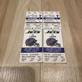 2 1994 York Jets Vs.  Detroit Lions Ticket Stubs Barry Sanders Giants Stadium