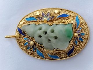 Vtg Chinese Gilded Sterling Silver Filigree Enamel Antique Jade Carving Pendant