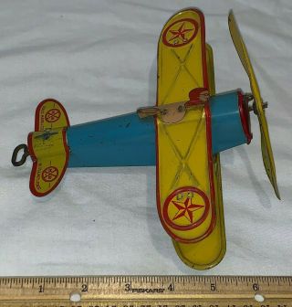 Antique Louis Marx Toy Tin Litho Airplane Bi - Plane Wind Up W/ Pilot Vintage Old