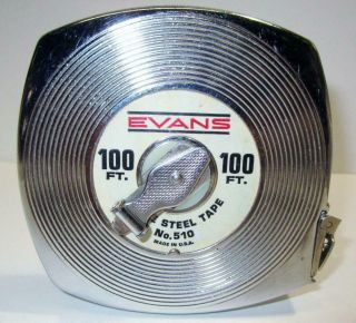 Vintage Evans No 510 100 Ft White Steel Tape Measure Made In Usa
