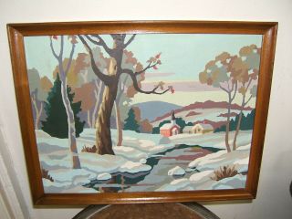 Vintage Paint By Number Winter Landscape Country Church House Stream Wood Frame