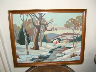 Vintage Paint By Number Winter Landscape Country Church House Stream Wood Frame 3