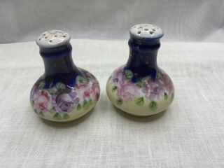 Vintage Porcelain Salt & Pepper Shakers Cobalt Blue White Gold W/flowers