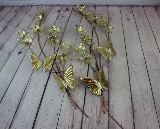 Vintage Home Interior Goldtone Metal Butterflies & Flowers Wall Hanging