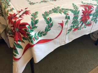 Vintage Oblong Christmas Tablecloth 60” X 90” - Candles & Poinsettia