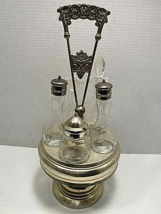 5 Piece Cruet Set Oil,  Vinegar Etc.  Glass And Metal Design - Complete Vintage St