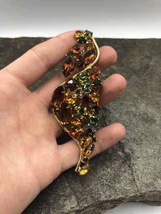 Vintage Fall Colors Brown &yellow Glass Rhinestone Prong Set Large Brooch