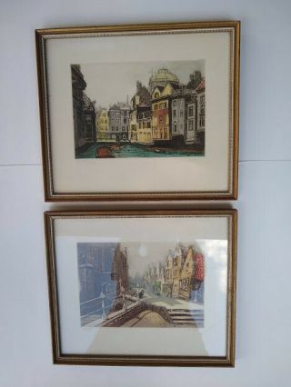 Two Vintage Colored Etchings Pencil Signed Prints By French Artist V Carre