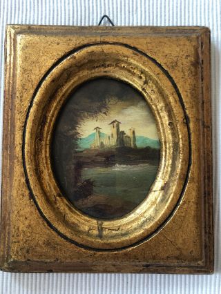 Antique Small Oil Painting Oval W/glass 4 1/2 " By 5 1/2 " Signed