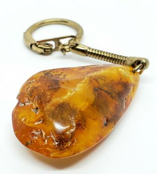 Chunky Vintage Gold Tone Polished Baltic Amber Nugget Key Chain